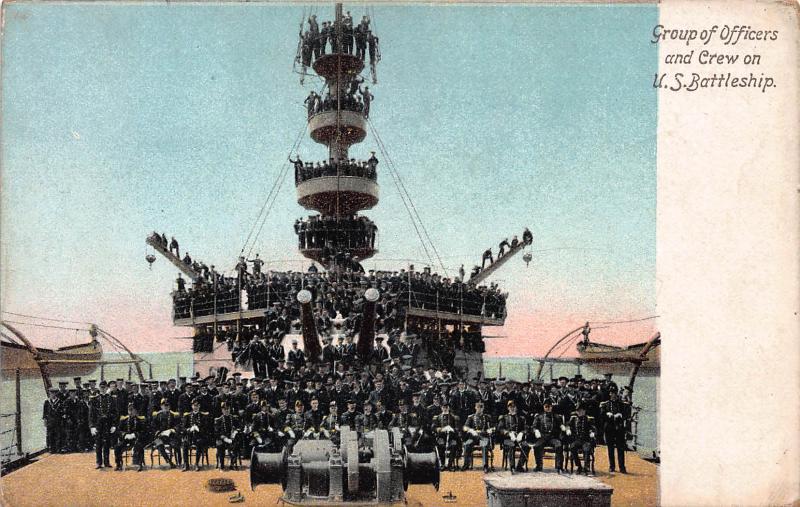 Group of Officers and Crew on U.S. Battleship, Early Postcard, Unused