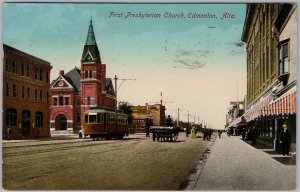 1911 Edmonton Alberta First Presbyterian Church Tram Street Scene Postcard H82
