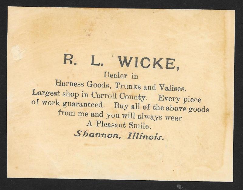 VICTORIAN TRADE CARD Wicke Harness & Trunks Girl & Boy at Fence