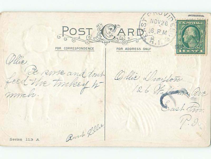 Pre-Linen thanksgiving GIRL OFFERS APPLE TO LARGE TURKEY k8936