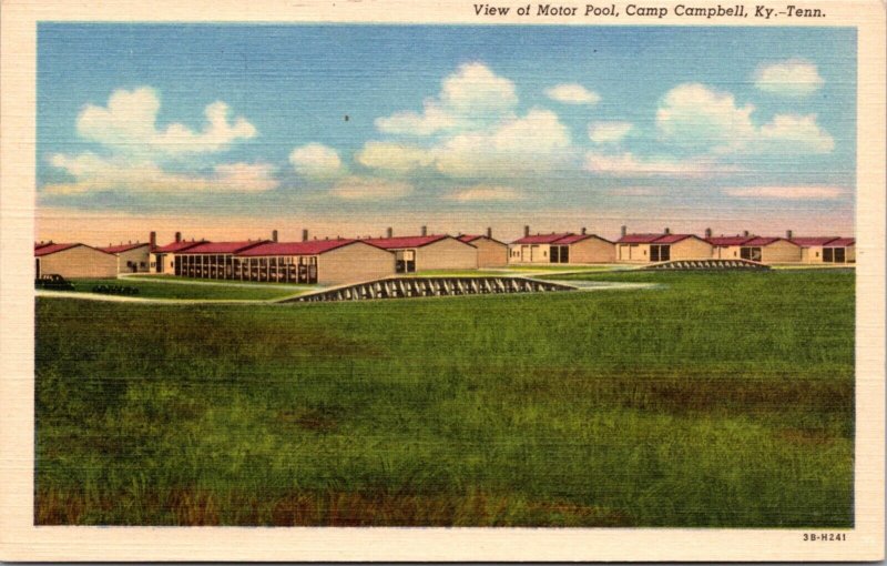 Linen Postcard View of Motor Pool at Camp Fort Campbell, Kentucky Tennessee