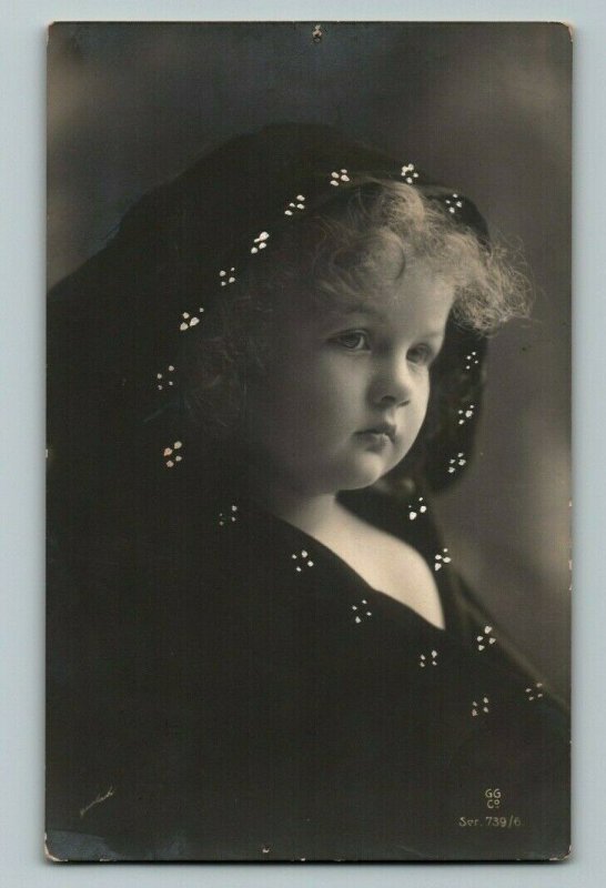 Hooded Girl w/ Curly Hair Sad Mourning Handpainted European Postcard early 1900s