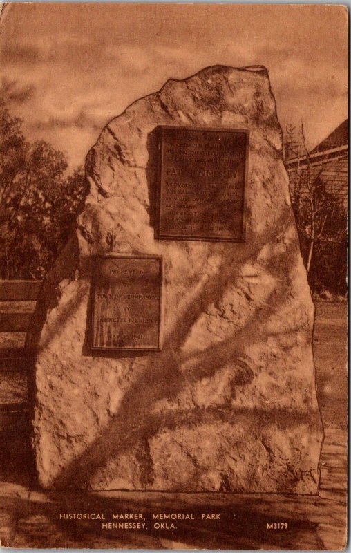 Historical Marker, Memorial Park Hennessey OK Vintage Postcard V51