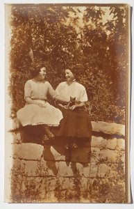 RPPC Two Ladies On Stone Wall With Adorable Kitten Cat Real Photo Postcard Q21
