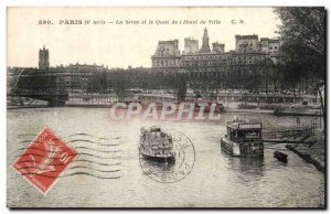 Old Postcard Paris Seine and Quai de l & # 39Hotel City Barges Piano aboard