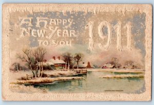 John Winsch Signed Artist Postcard New Year House Winter Scene Embossed Antique