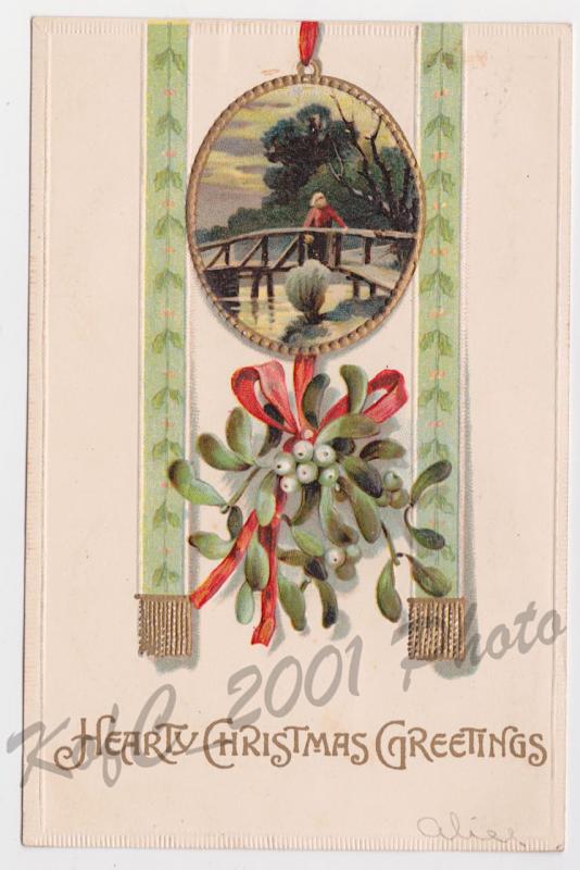 Leominster MA Hearty Christmas Mistletoe Oval Frame Bridge Scene Postcard 