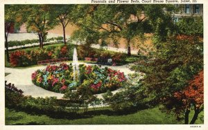 Joliet Illinois, Fountain & Flower Beds Landscape Court House Square, Postcard