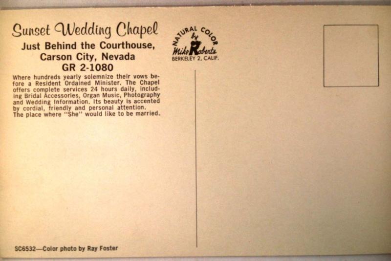 Unused pre-1970 SUNSET WEDDING CHAPEL Carson City Nevada NV Postcard y2370