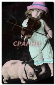Old Postcard Cochon Pig Child Bebe Violin