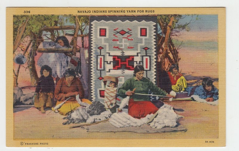 P2273, vintage postcard navajo indians spinning yarn for rugs