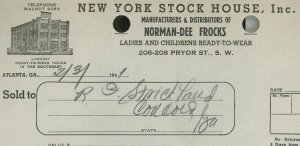 1941 New York Stock House Inc Pryor St. Atlanta GA Norman-Dee Frocks Invoice 388 