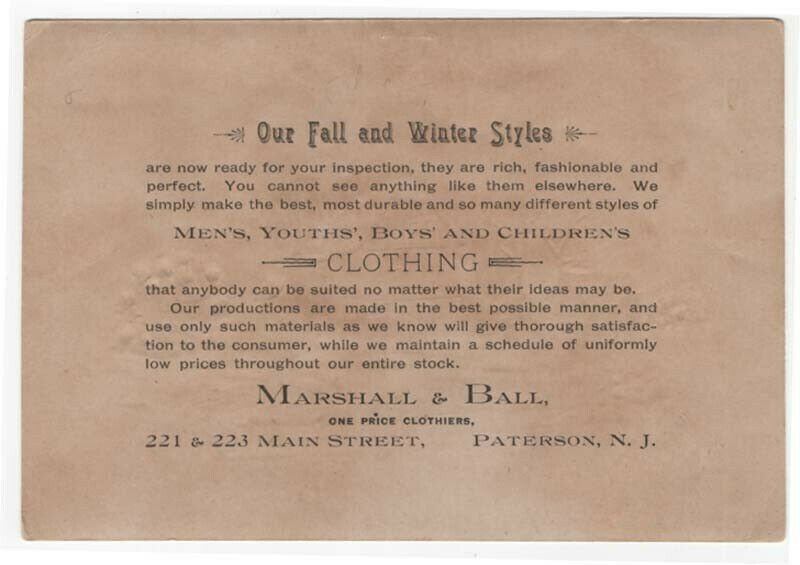 Paterson, NJ, MARSHALL & BALL, Clothiers Trade Card. A Country Mill in Winter