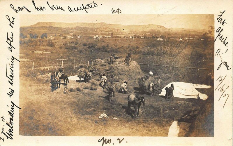 Fort Apache AZ Indians Unloading The Hay 12/16/1907 Real Photo Postcard