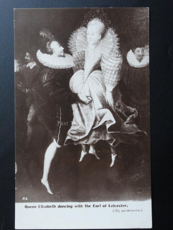 Queen Elizabeth dancing with the Earl of Leicester - Old Postcard by H.H.Camburn