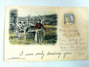 Vintage Postcard I am only teasing you. Woman Pulling Cart