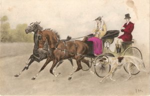 Elegant couple in horse carriage, with dog  Old vintage English PC. Artist sig
