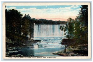 c1930's View Of Cuyahoga River And Water Works Dam Akron OH, Waterfalls Postcard