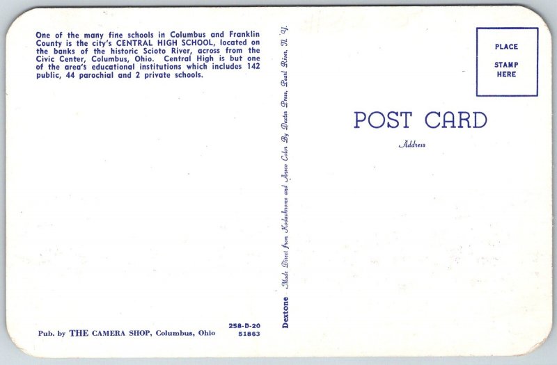 Columbus Ohio 1950s Postcard Central High School Building