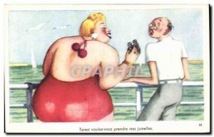 Old Postcard Fantasy Humor BBW Would you take my binoculars?