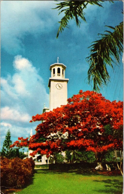 Poinciana Flame Tree Cathedral Tower Agana Guam Cancel Postcard 9c Stamp Vintage 