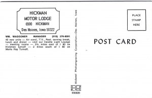 1970's Hickman Motor Lodge, Des Moines, Iowa Chrome Postcard