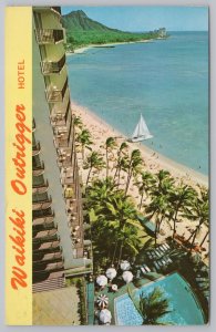Hotel & Resort~Air View Sailboats @ Waikiki Outrigger Hotel~Vintage Postcard