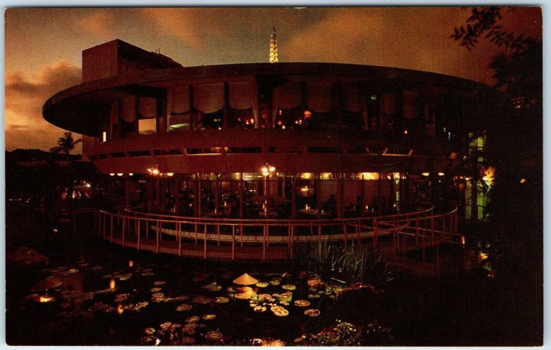 c1960s Waikiki, HI Night Scene Pagoda Hotel Floating Restaurant Chrome PC A332