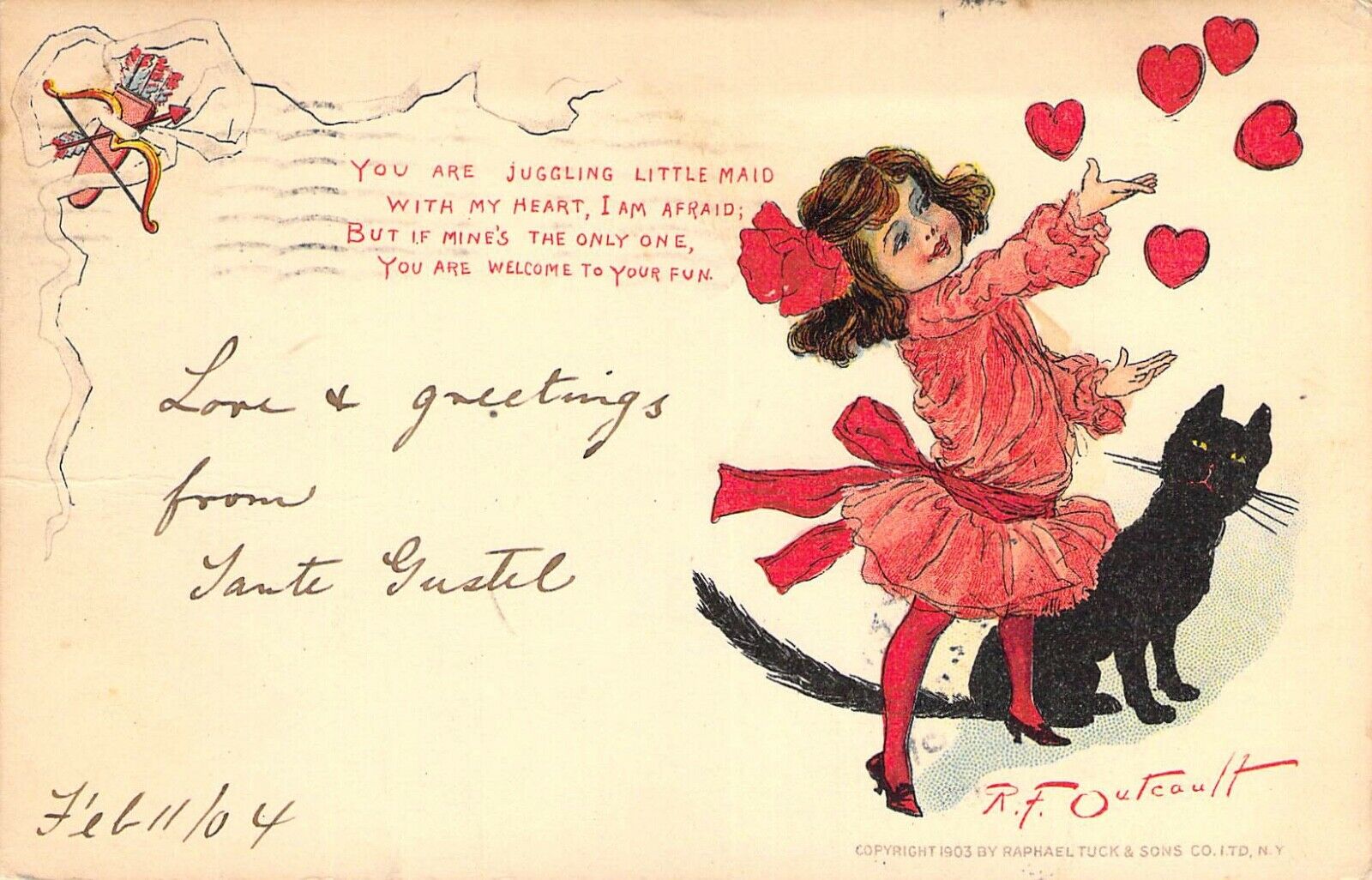 c.1904, RF Outcault, Little Girl and Black Cat, Early Valentine, Old  Postcard