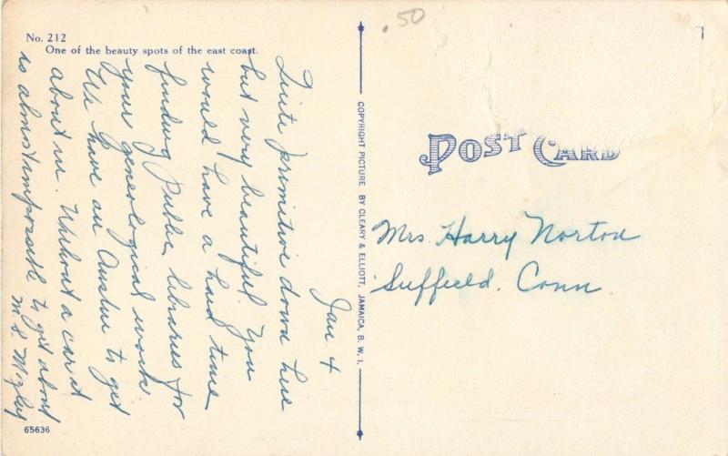 Postcard Greetings from Jamaica, Priestmans River Linen posted stamp removed A37
