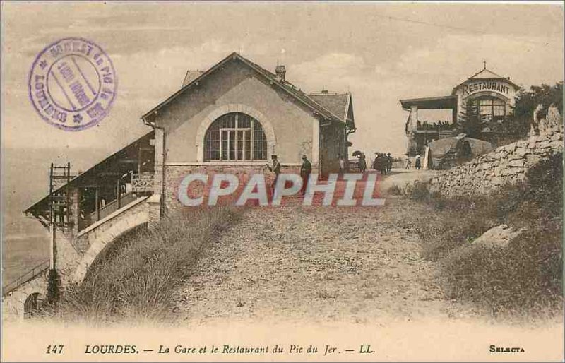 Old Postcard Lourdes La Gare Restaurant and the Pic du Jer