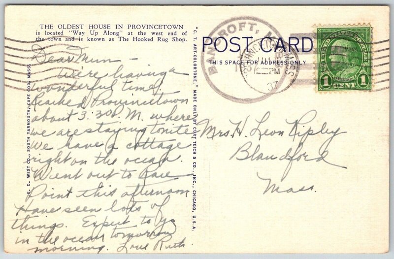 Provincetown Cape Cod Massachusetts 1937 Postcard Oldest House Cottage