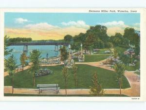 Unused Linen PARK SCENE Waterloo Iowa IA c7838