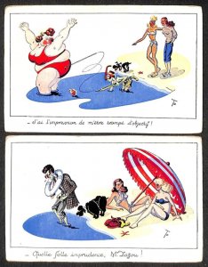 French illustrator comic bathers caricature beach life humor unit of 2 postcards