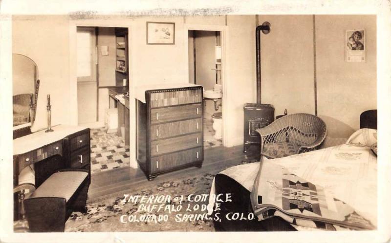 Colorado Springs Buffalo Lodge Cottage Interior Real Photo Postcard K65748