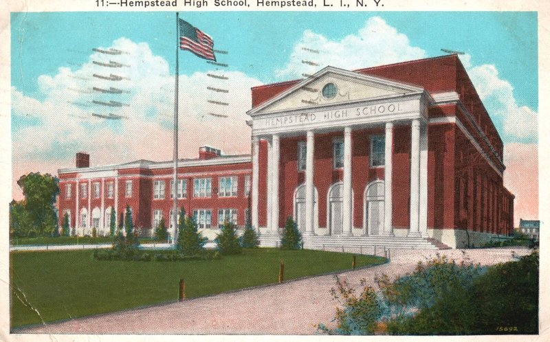 Vintage Postcard 1934 Hempstead High School Campus Building Long Island New York