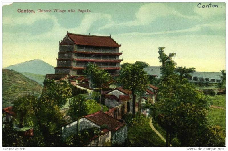 china, CANTON GUANGZHOU, Chinese Village with Pagoda (1910s) Postcard