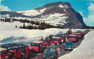 Autos Logan Pass Bus Glacier Montana Snow covered summit Postcard Crocker 3578