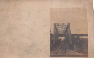 RAILROAD TRAIN COMING TO STEEL BRIDGE~1910s REAL PHOTO POSTCARD