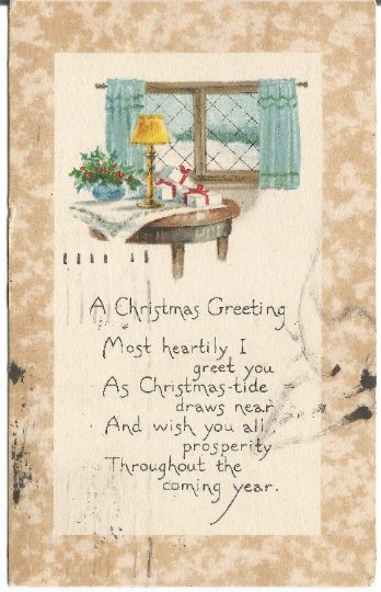 Christmas Presents on a table by Window with Winter Landscape Vintage Postcard