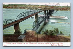 Train and Wagon Bridge over Mississippi River Dubuque IA 1908 DB Postcard P12