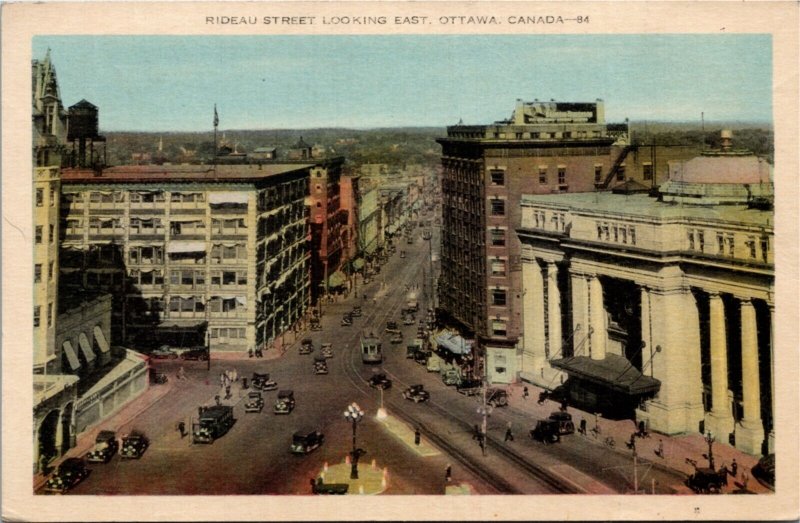 Postcard Ontario Ottawa Rideau Street Looking East Streetcar Shops 1930s K76