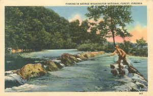 Virginia, Fishing in George Washington National Park Linen Postcard Unused