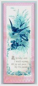 1880s-90s Victorian Birthday Bookmark Poem Beautiful Blue-Bird P209 