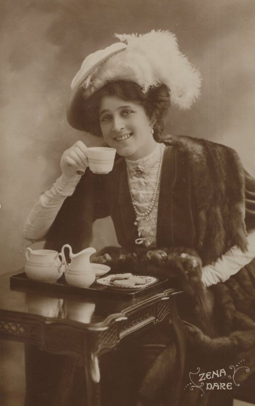 Zena Dare Drinking Tea Antique Rare Davidson Theatre Actress Postcard