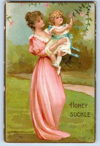 1910 Valentine Mother And Daughter Flowers Embossed Unposted Antique Postcard