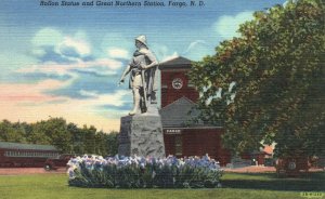 Vintage Postcard 1949 Rollon Statue & Great Northern Station Fargo North Dakota