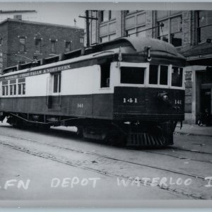 c1950s IA Trolley RPPC Waterloo, Cedar Falls & Northern Railway Train Depot A196