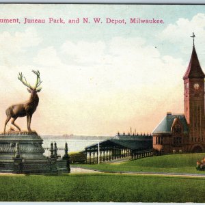 c1900s Milwaukee, Wis. Chicago North Western Depot Juneau Park Elk Monument A204