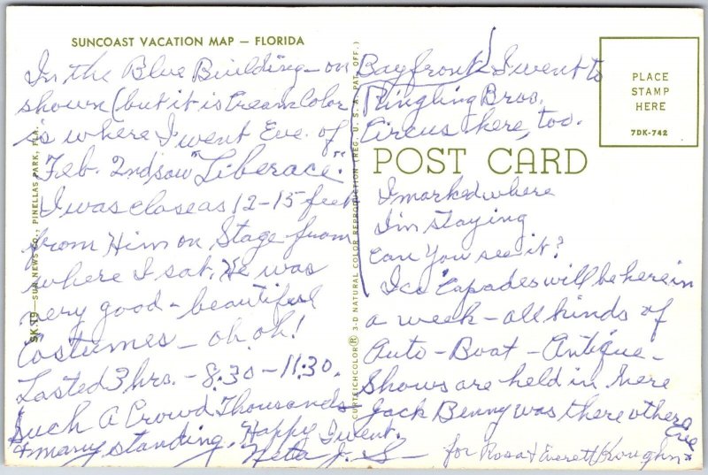 Suncoast Location Map Florida Clearwater Tampa St. Petersburg Gulf Postcard 